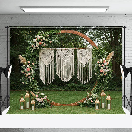 Lofaris Boho Macrame Floral Greenery Arch Photography Backdrop with Lanterns for Wedding Ceremony and Outdoor Event Decor