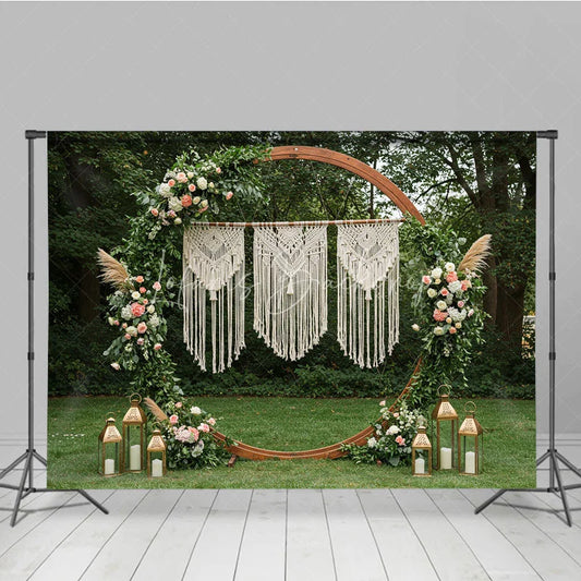 Lofaris Boho Macrame Floral Greenery Arch Photography Backdrop with Lanterns for Wedding Ceremony and Outdoor Event Decor