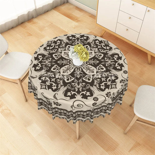Lofaris Boho Mandala Floral Round Tablecloth Vintage Brown Ethnic Pattern Table Cover for Dining Room