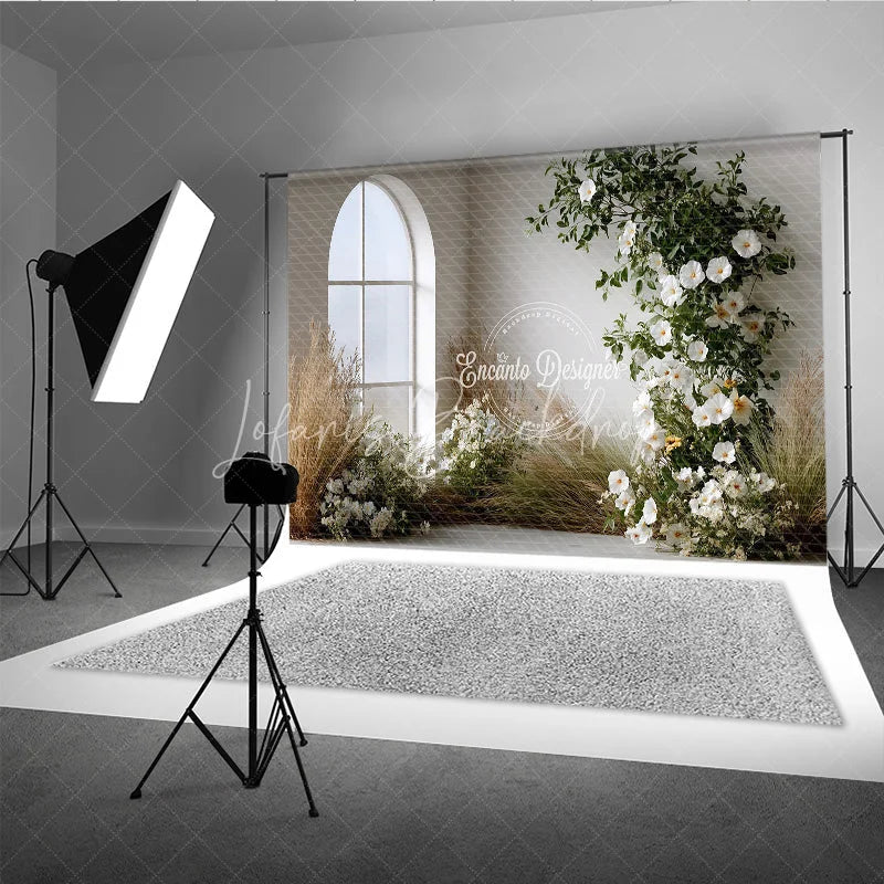 Lofaris Boho Minimalist Wedding Backdrop Arch Window with White Flowers Pampas Grass Greenery Photography Background