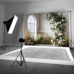 Lofaris Boho Minimalist Wedding Backdrop Arch Window with White Flowers Pampas Grass Greenery Photography Background