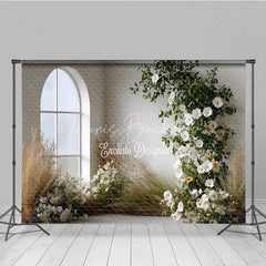 Lofaris Boho Minimalist Wedding Backdrop Arch Window with White Flowers Pampas Grass Greenery Photography Background