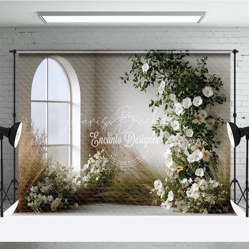 Lofaris Boho Minimalist Wedding Backdrop Arch Window with White Flowers Pampas Grass Greenery Photography Background