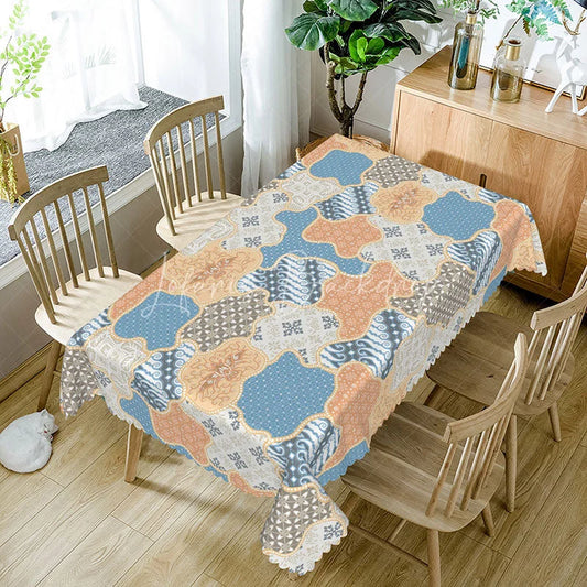 Lofaris Boho Patchwork Rectangle Tablecloth Blue Orange Geometric Floral Batik Cover Ethnic Style Dining Room Decor