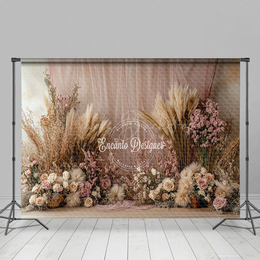 Lofaris Boho Pink Floral Curtain Wood Floor Combo Set Backdrop
