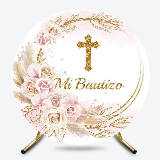 Lofaris Boho Pink White Floral Cross Round Baptism Backdrop