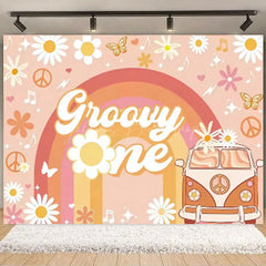 Lofaris Boho Rainbow Groovy One Birthday Backdrop Daisy Floral and Bus Perfect Party Scene Decor for Girls