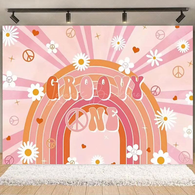 Lofaris Boho Rainbow Groovy One Birthday Backdrop Daisy Floral and Bus Perfect Party Scene Decor for Girls