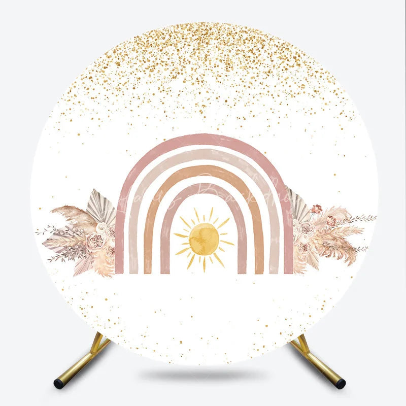 Lofaris Boho Rainbow Round Backdrop for Baby Shower Pampas Grass and Sun Neutral Birthday Party Photo Booth Decor
