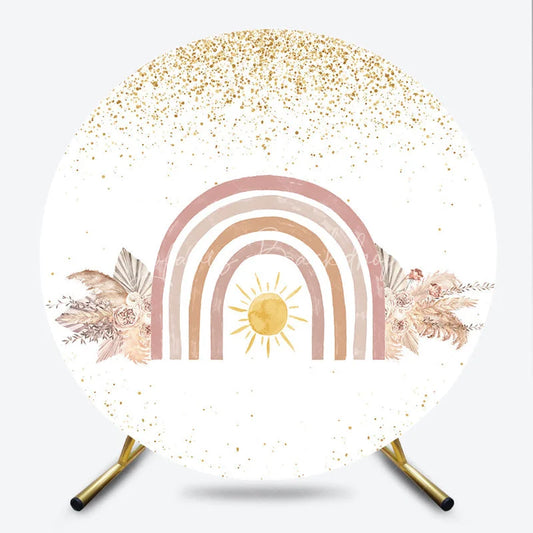 Lofaris Boho Rainbow Round Backdrop for Baby Shower Pampas Grass and Sun Neutral Birthday Party Photo Booth Decor