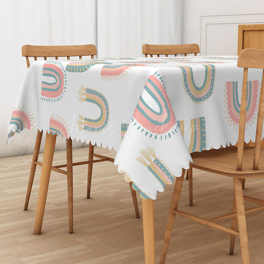 Lofaris Boho Rainbow Summer Rectangle Tablecloth Cheerful Abstract Pattern for Girls Birthday Party Decor
