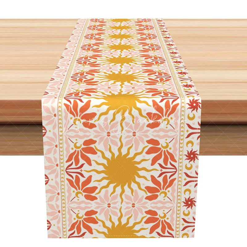 Lofaris Boho Sun and Moon Table Runner 70s Retro Groovy Celestial Print Orange Kitchen Dining Decor