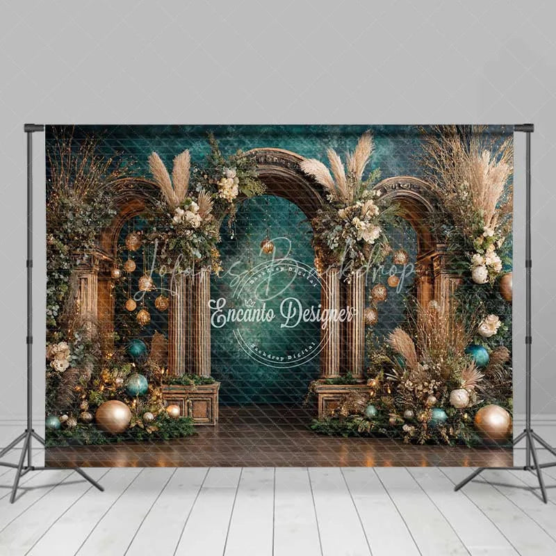 Lofaris Boho Teal and Gold Christmas Backdrop Rustic Wood Arch Pampas Grass Photography Background