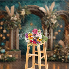 Lofaris Boho Teal and Gold Christmas Backdrop Rustic Wood Arch Pampas Grass Photography Background