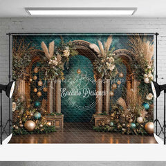 Lofaris Boho Teal and Gold Christmas Backdrop Rustic Wood Arch Pampas Grass Photography Background