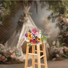 Lofaris Boho Teepee Photography Backdrop Enchanted Forest with Pink Roses Elegant Maternity or Wedding Photo Background