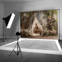 Lofaris Boho Teepee Photography Backdrop Enchanted Forest with Pink Roses Elegant Maternity or Wedding Photo Background