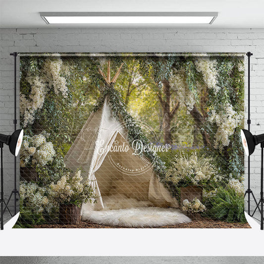 Lofaris Boho Teepee Photography Backdrop in an Enchanted Forest White Floral Greenery Outdoor Wedding Photo Background