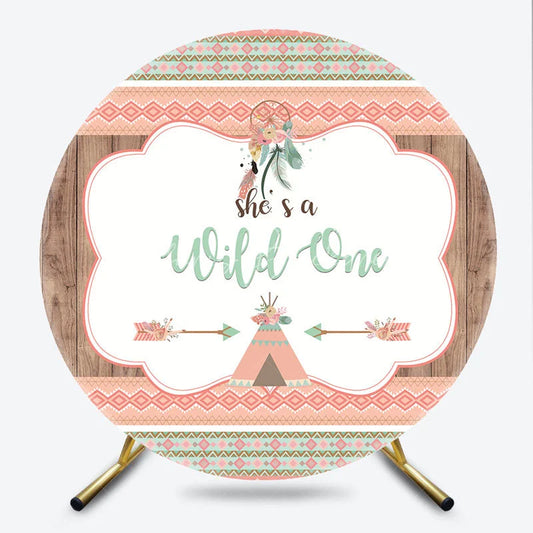 Lofaris Boho Tribal Wild One Round Backdrop with Dreamcatcher and Teepee Peach Mint Green First Birthday Party Decor