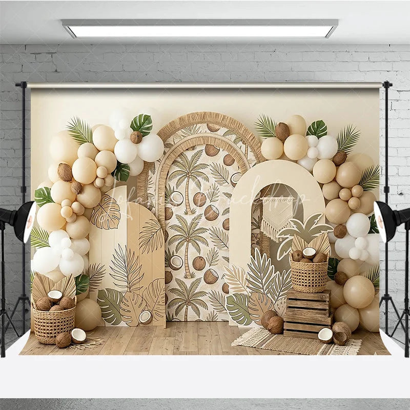 Lofaris Boho Tropical Palm Tree and Coconut Photography Backdrop Arched Design with Neutral Balloons for Party