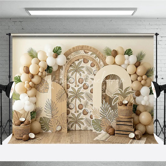 Lofaris Boho Tropical Palm Tree and Coconut Photography Backdrop Arched Design with Neutral Balloons for Party