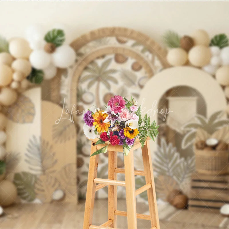 Lofaris Boho Tropical Palm Tree and Coconut Photography Backdrop Arched Design with Neutral Balloons for Party