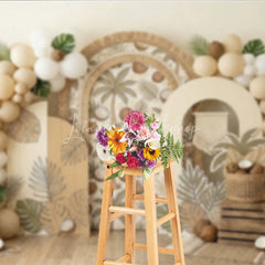 Lofaris Boho Tropical Palm Tree and Coconut Photography Backdrop Arched Design with Neutral Balloons for Party