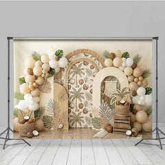 Lofaris Boho Tropical Palm Tree and Coconut Photography Backdrop Arched Design with Neutral Balloons for Party