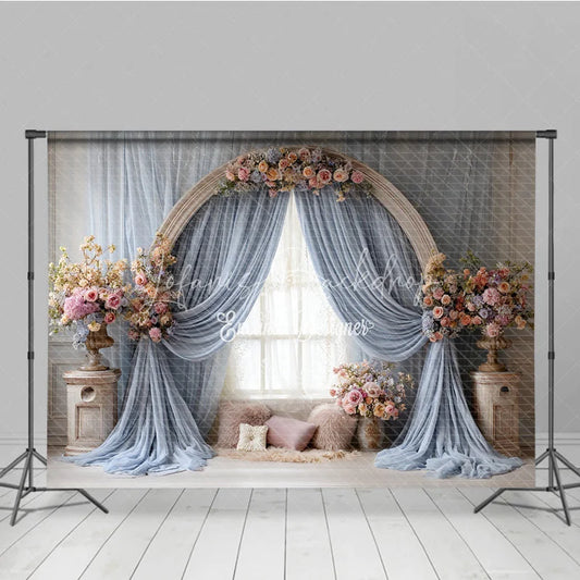 Lofaris Boho Wedding Arch Backdrop Round Wood with Blue Drapes Pink Floral Bridal Shower Photo Prop