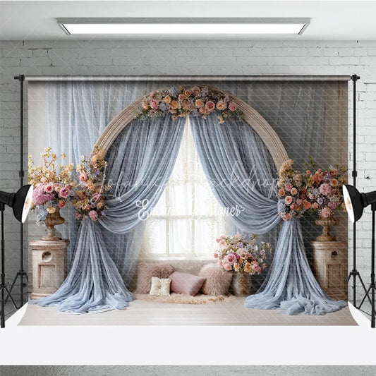 Lofaris Boho Wedding Arch Backdrop Round Wood with Blue Drapes Pink Floral Bridal Shower Photo Prop