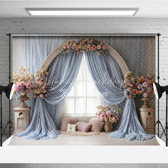 Lofaris Boho Wedding Arch Backdrop Round Wood with Blue Drapes Pink Floral Bridal Shower Photo Prop