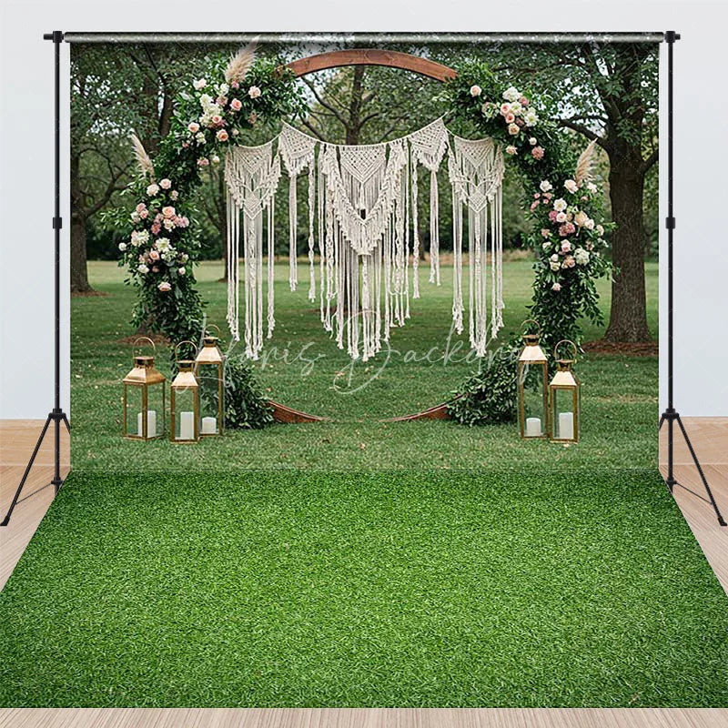 Lofaris Boho Wedding Combo Set Backdrop Wooden Arch Macrame Floral Green Grass Floor Background Bridal Shower Photography