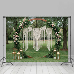 Lofaris Boho Wedding Combo Set Backdrop Wooden Arch Macrame Floral Green Grass Floor Background Bridal Shower Photography