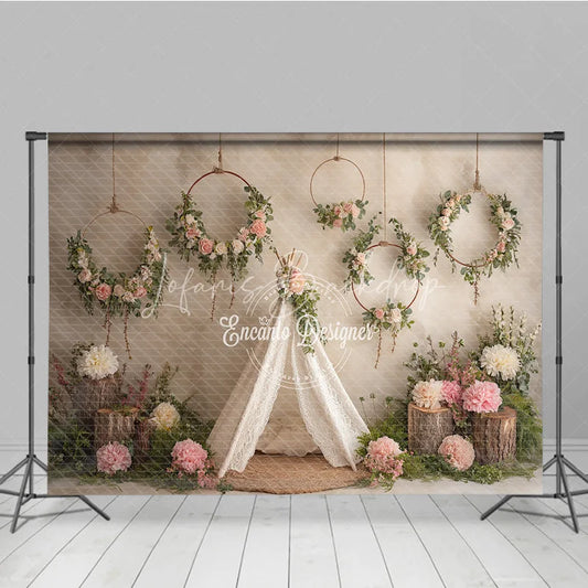 Lofaris Boho Wedding Photography Backdrop Lace Teepee with Floral Hoops Rustic Chic Party Photo Booth Background