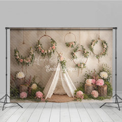 Lofaris Boho Wedding Photography Backdrop Lace Teepee with Floral Hoops Rustic Chic Party Photo Booth Background