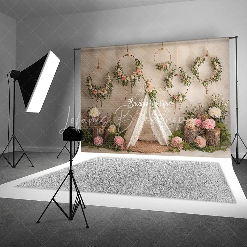 Lofaris Boho Wedding Photography Backdrop Lace Teepee with Floral Hoops Rustic Chic Party Photo Booth Background