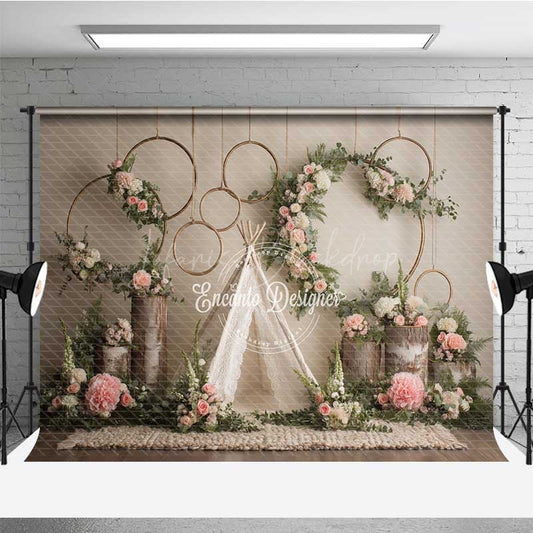 Lofaris Boho Wedding Photography Backdrop Rustic Teepee with Floral Hoops and Greenery Outdoor Ceremony Photo Prop