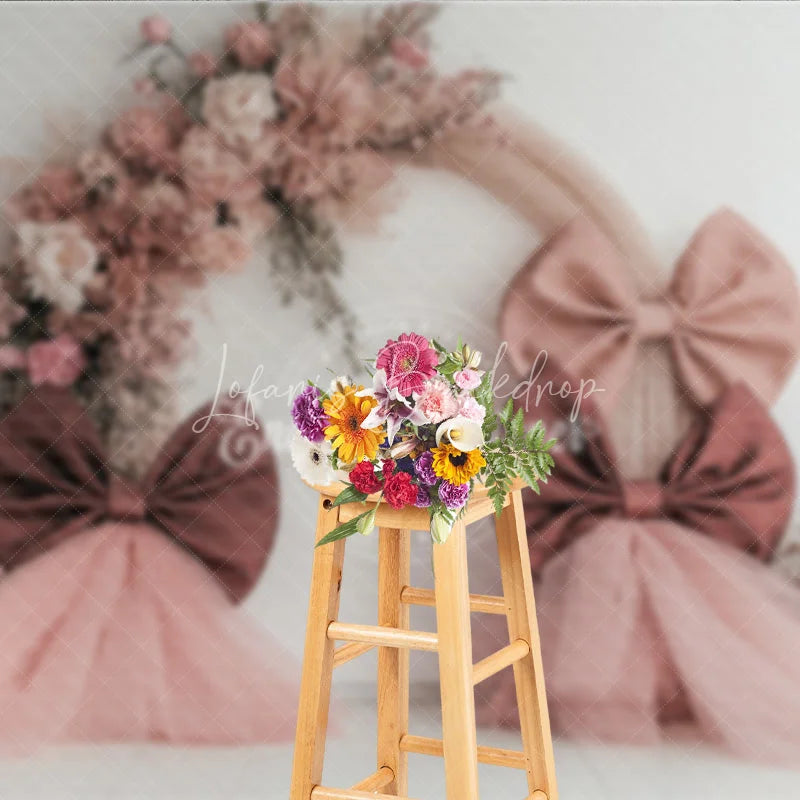 Lofaris Boho Wedding Photography Backdrop with Large Bows Pink Dried Floral Arch Modern Bridal Shower Photo Booth