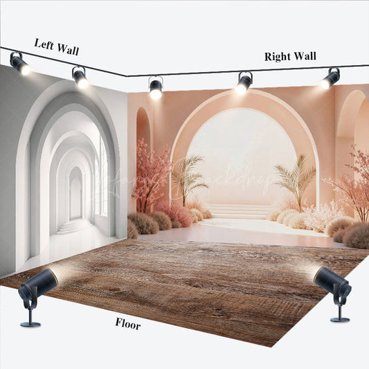 Lofaris Boho White Pink Arched Wood Floor Room Set Backdrop