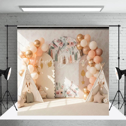 Lofaris Boho Wild One Arch Backdrop Peach Balloon and Teepee Tent Tribal Photography Background for First Birthday