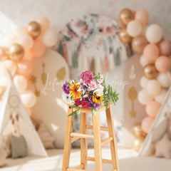 Lofaris Boho Wild One Arch Backdrop Peach Balloon and Teepee Tent Tribal Photography Background for First Birthday