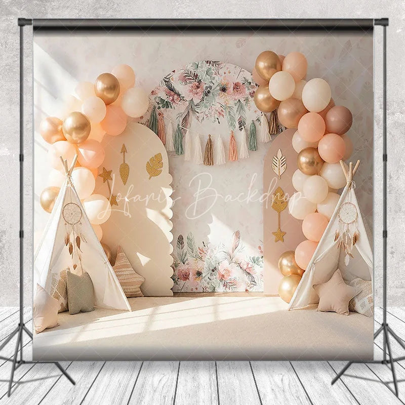 Lofaris Boho Wild One Arch Backdrop Peach Balloon and Teepee Tent Tribal Photography Background for First Birthday
