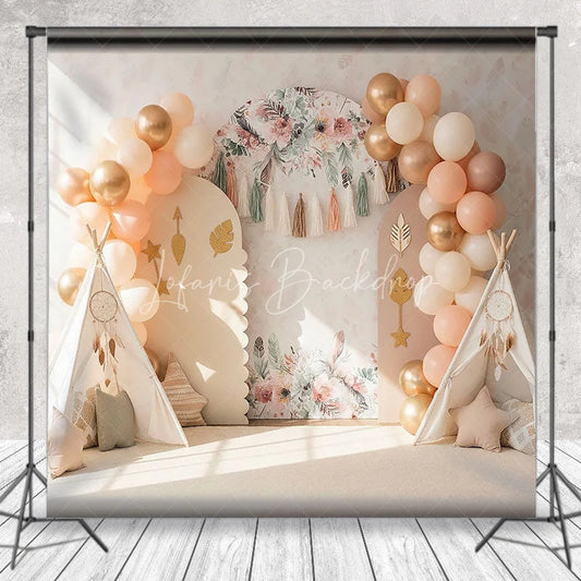 Lofaris Boho Wild One Arch Backdrop Peach Balloon and Teepee Tent Tribal Photography Background for First Birthday