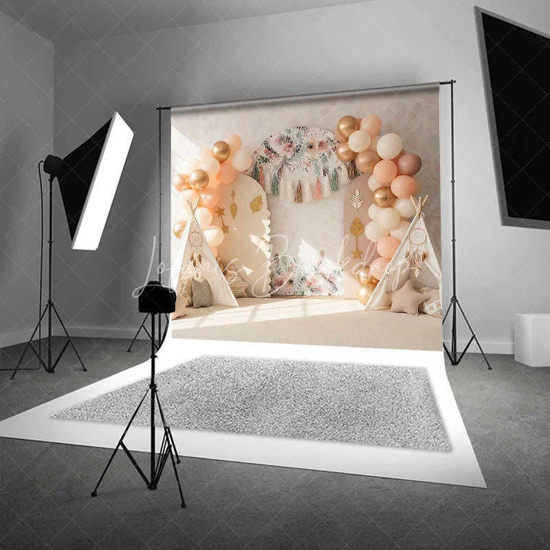 Lofaris Boho Wild One Arch Backdrop Peach Balloon and Teepee Tent Tribal Photography Background for First Birthday