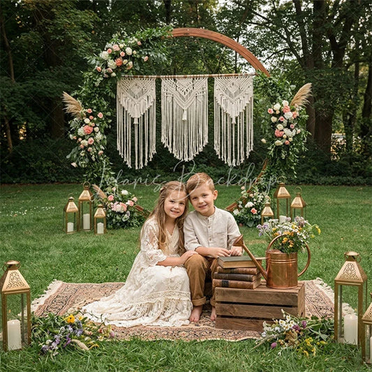 Lofaris Boho Wooden Arch Macrame Floral Combo Set Backdrop featuring Green Grass Floor and Golden Lanterns for Events