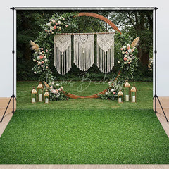 Lofaris Boho Wooden Arch Macrame Floral Combo Set Backdrop featuring Green Grass Floor and Golden Lanterns for Events