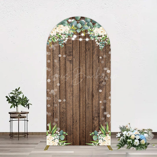 Lofaris Bokeh Greenery Light Floral Wood Grain Arch Backdrop