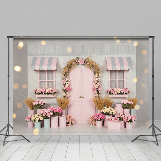 Lofaris Bokeh Grey Pink Flower Shop Romantic Photo Backdrop