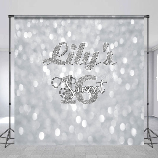 Lofaris Bokeh Silver Custom Name Sweet 16 Birthday Backdrop