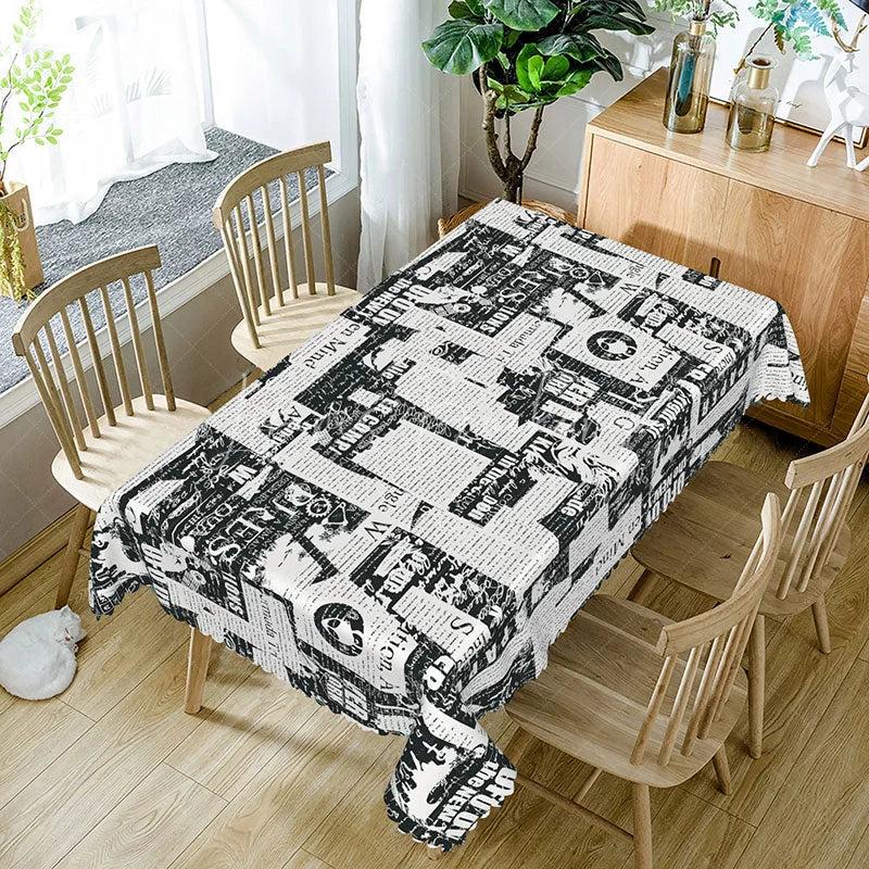Lofaris Bold Headline Newspaper Rectangle Tablecloth Black and White Press Print Retro Media Kitchen Dining Decor